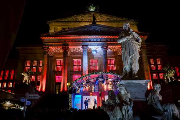 Discoball above the Konzerthaus entrance gives a bit of an idea what kind of music to expect. Gendarmenmarkt Christmas market, Berlin